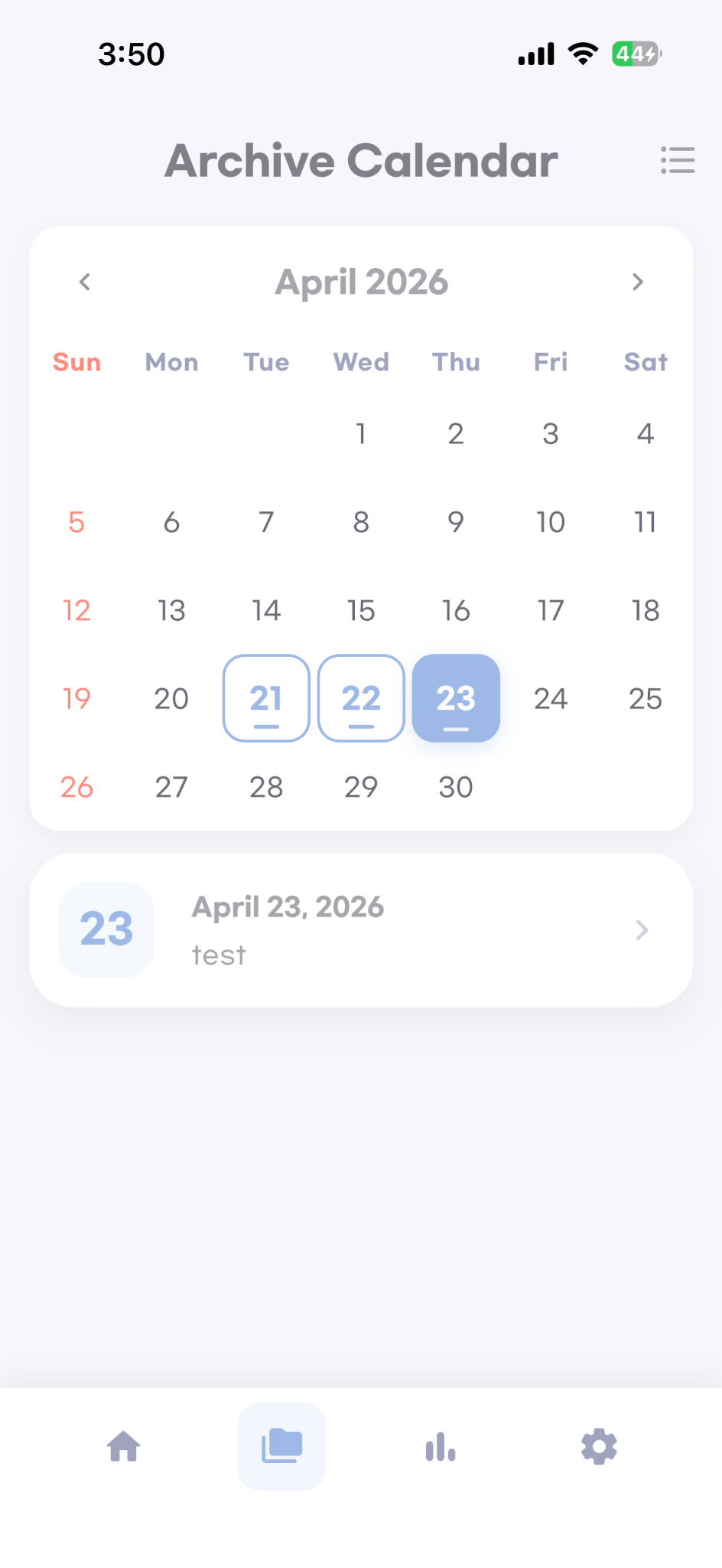 Archive calendar screen