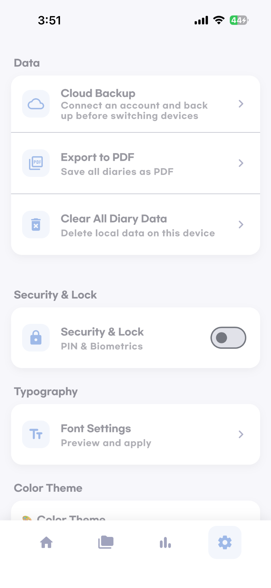Data settings screen