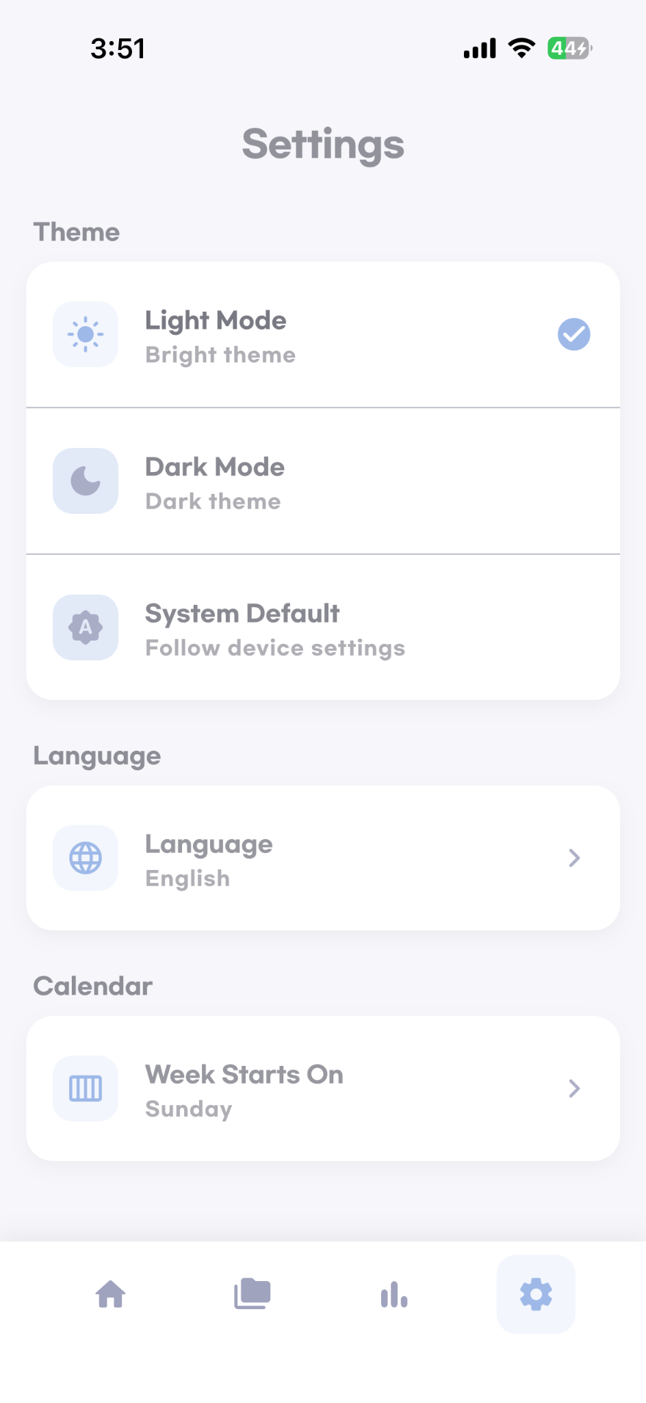 Theme settings screen